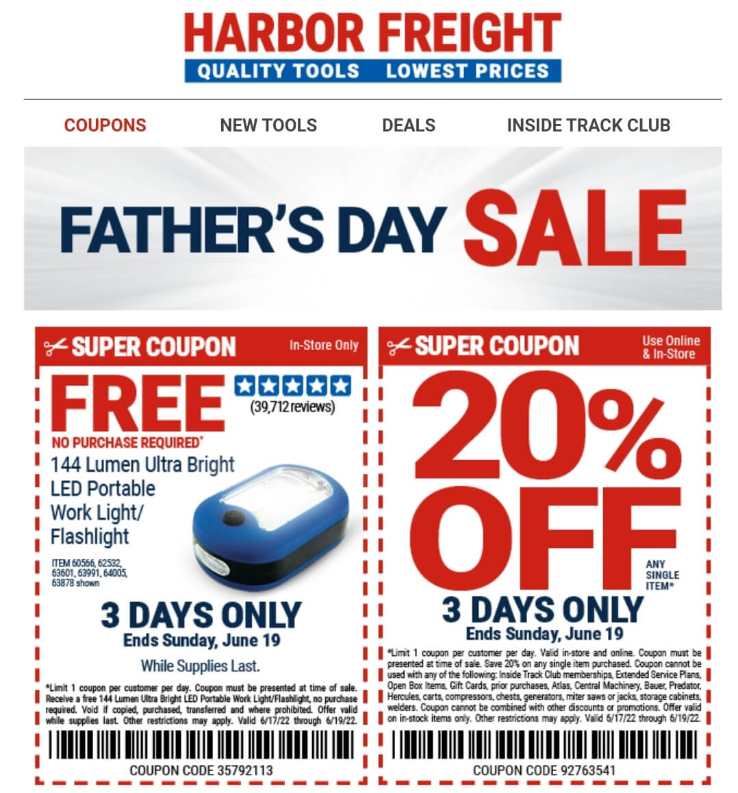 Harbor Freight stores Coupon  20% off a single item at Harbor Freight Tools, or online via promo code 92763541 #harborfreight 