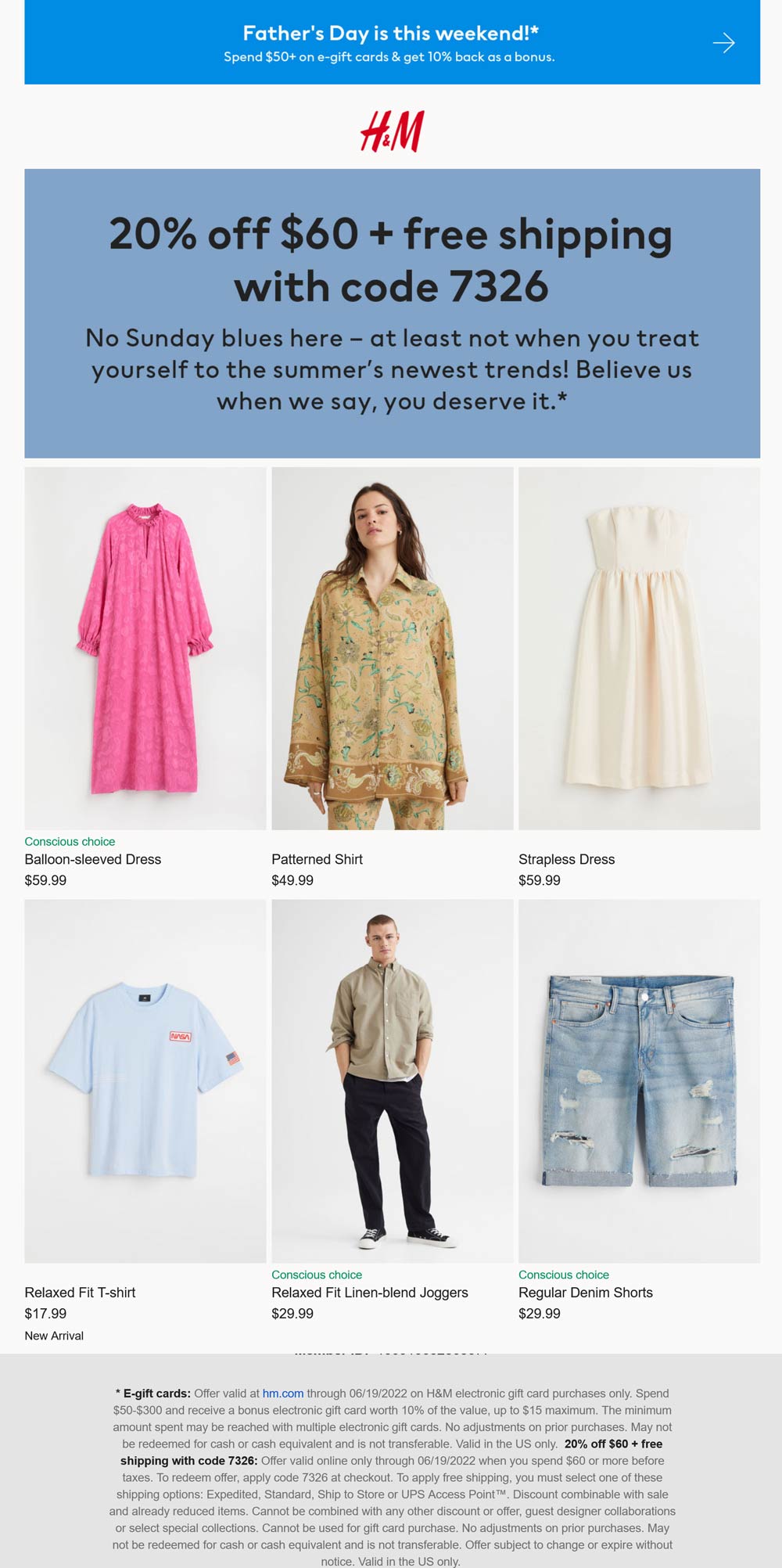 H&M stores Coupon  20% off $60 today at H&M with free shipping via promo code 7326 #hm 