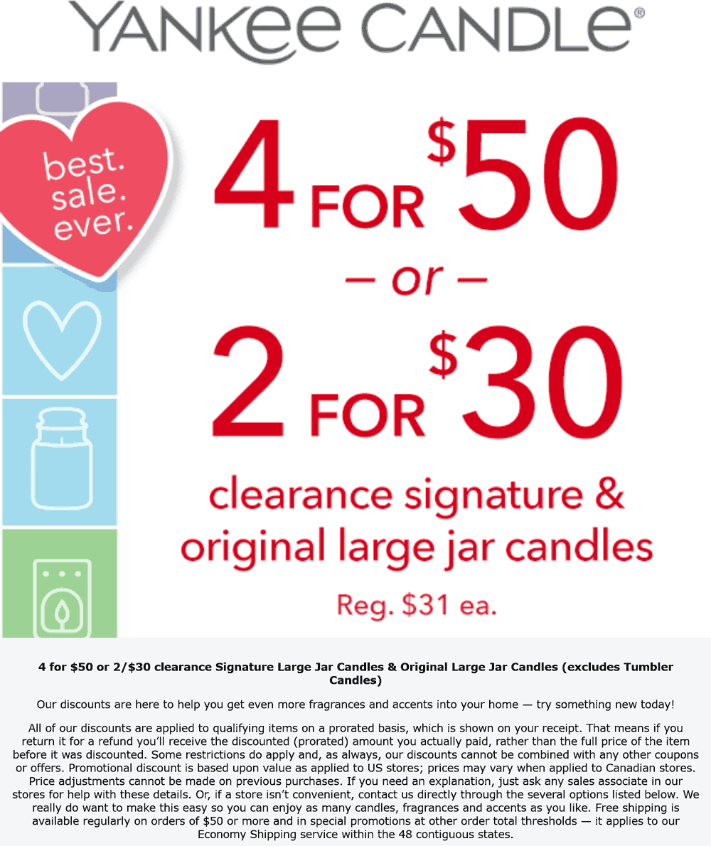 Yankee Candle stores Coupon  4 large clearance candles = $50 at Yankee Candle, ditto online #yankeecandle 