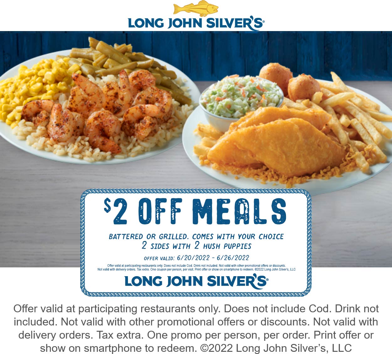 Long John Silvers restaurants Coupon  $2 off a meal at Long John Silvers, or online via promo code 2OFFMEAL #longjohnsilvers 