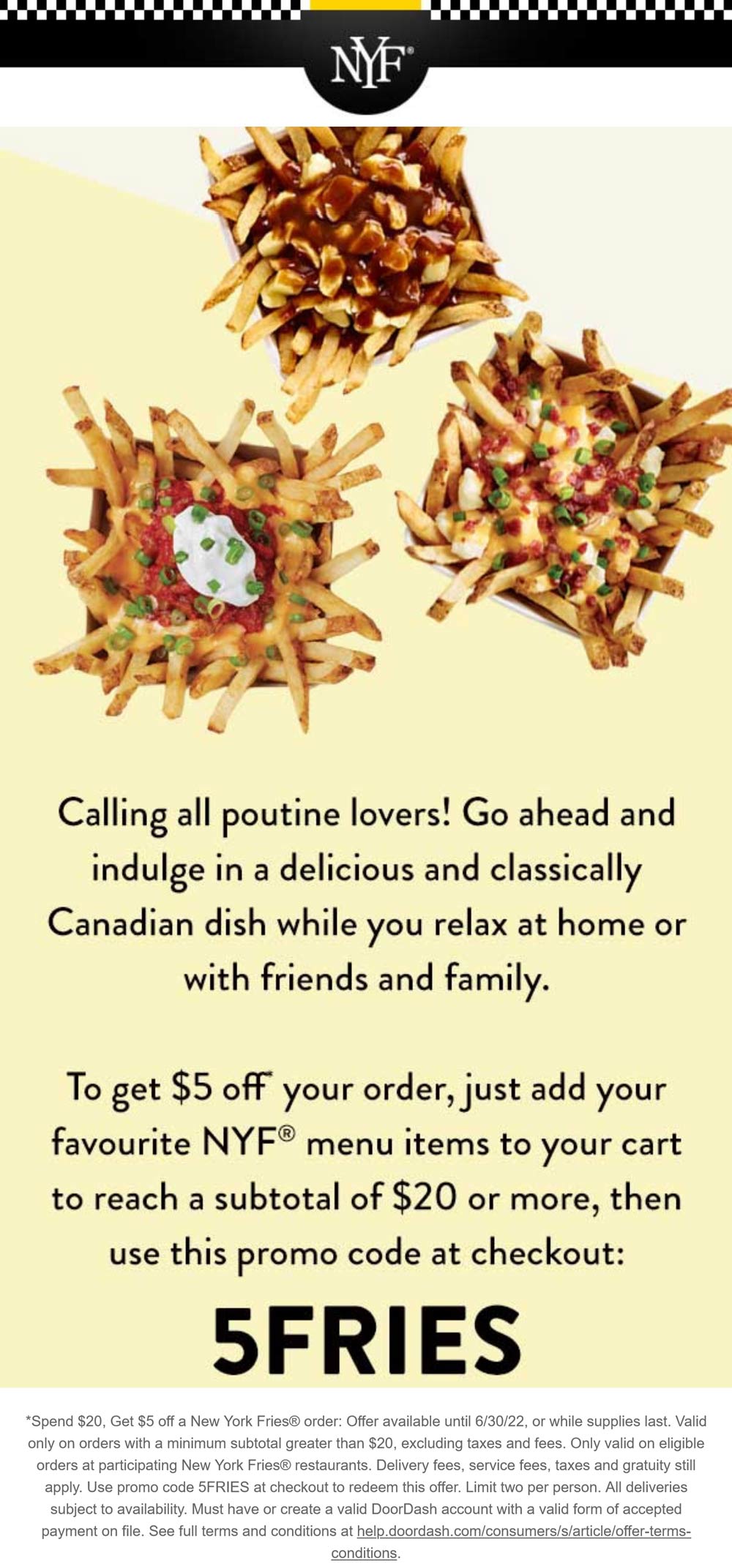 New York Fries restaurants Coupon  $5 off $20 on delivery at New York Fries via promo code 5FRIES #newyorkfries 