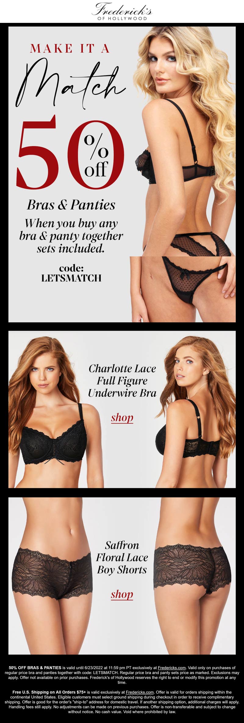 Fredericks of Hollywood stores Coupon  Second bra & panty set 50% off at Fredericks of Hollywood via promo code LETSMATCH #fredericksofhollywood 