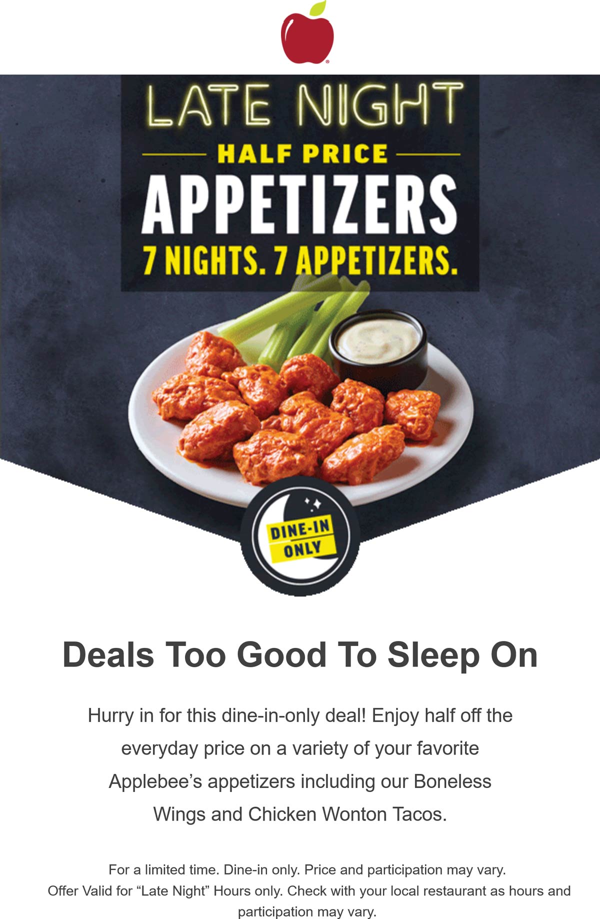 Applebees restaurants Coupon  Late night 50% off appetizers at Applebees restaurants #applebees 