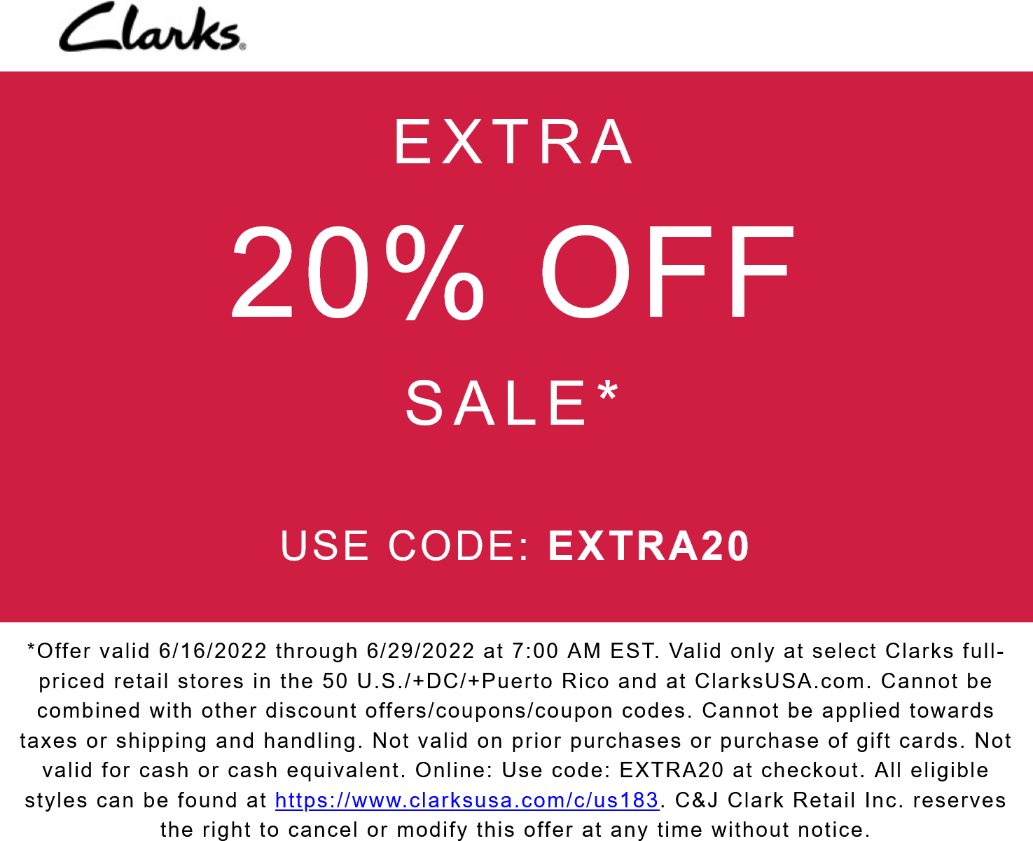 Clarks stores Coupon  Extra 20% off sale items at Clarks shoes via promo code EXTRA20 #clarks 