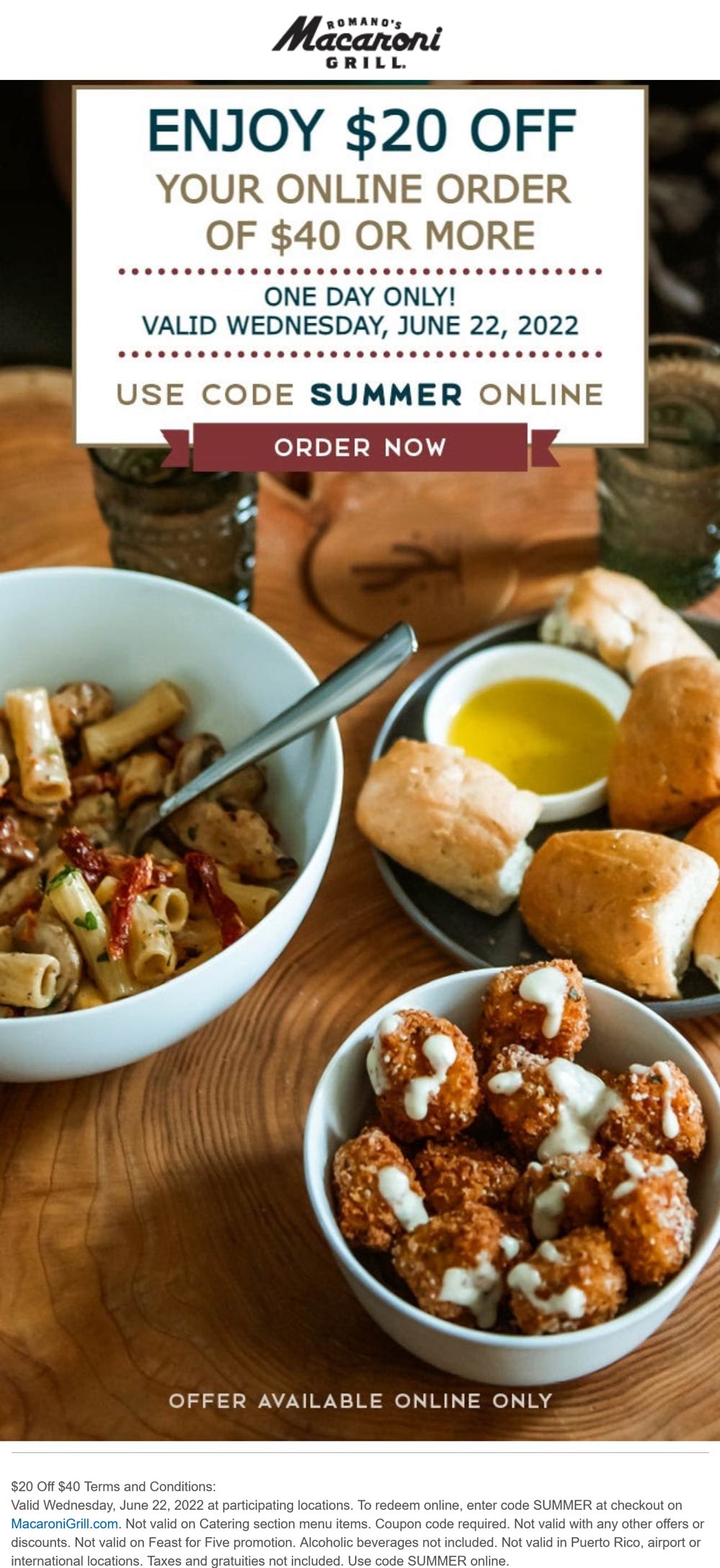 Macaroni Grill restaurants Coupon  $20 off $40 today at Macaroni Grill restaurants via promo code SUMMER #macaronigrill 