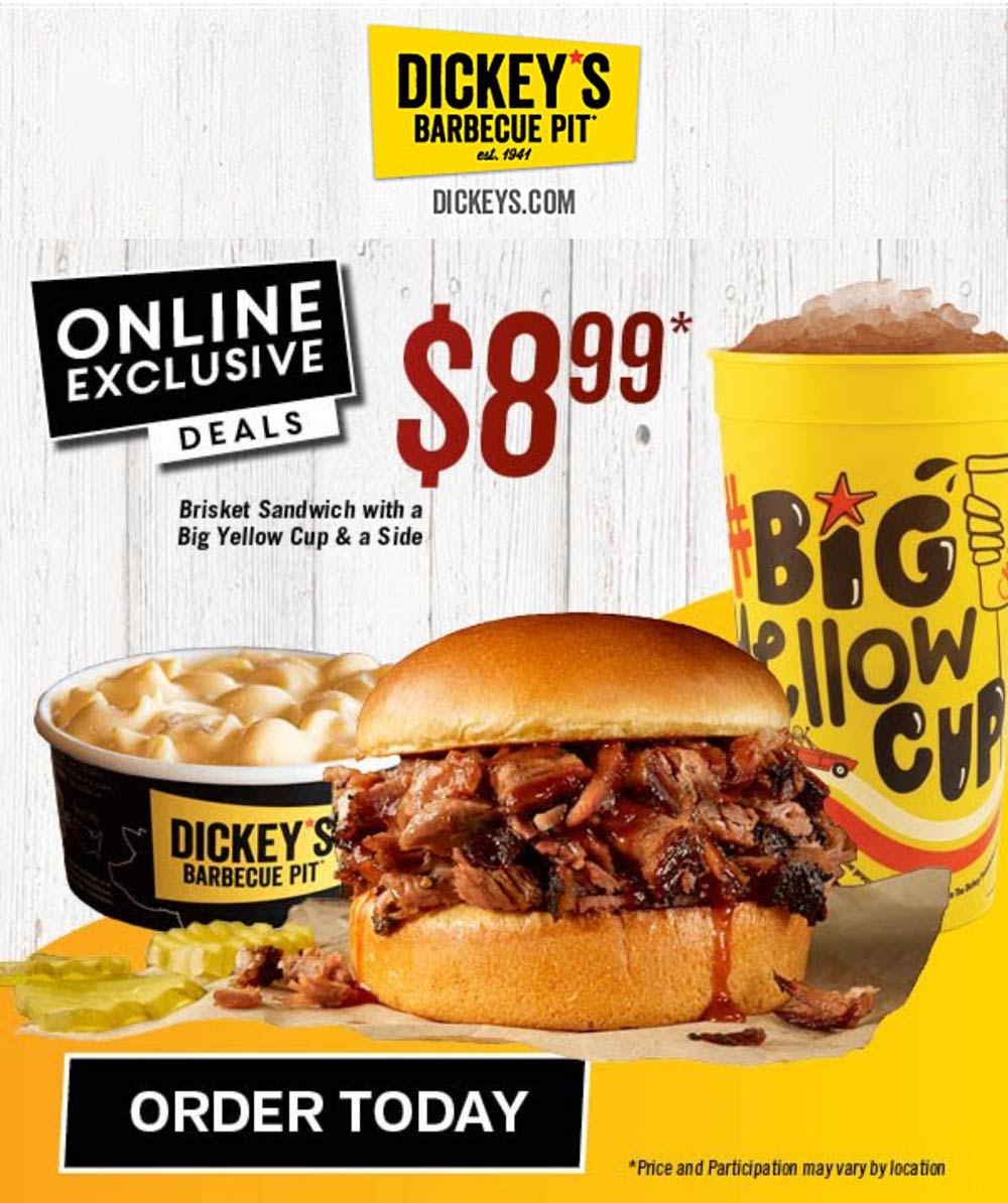 Dickeys Barbecue Pit restaurants Coupon  Brisket sandwich + side item + drink = $9 at Dickeys Barbecue Pit #dickeysbarbecuepit 