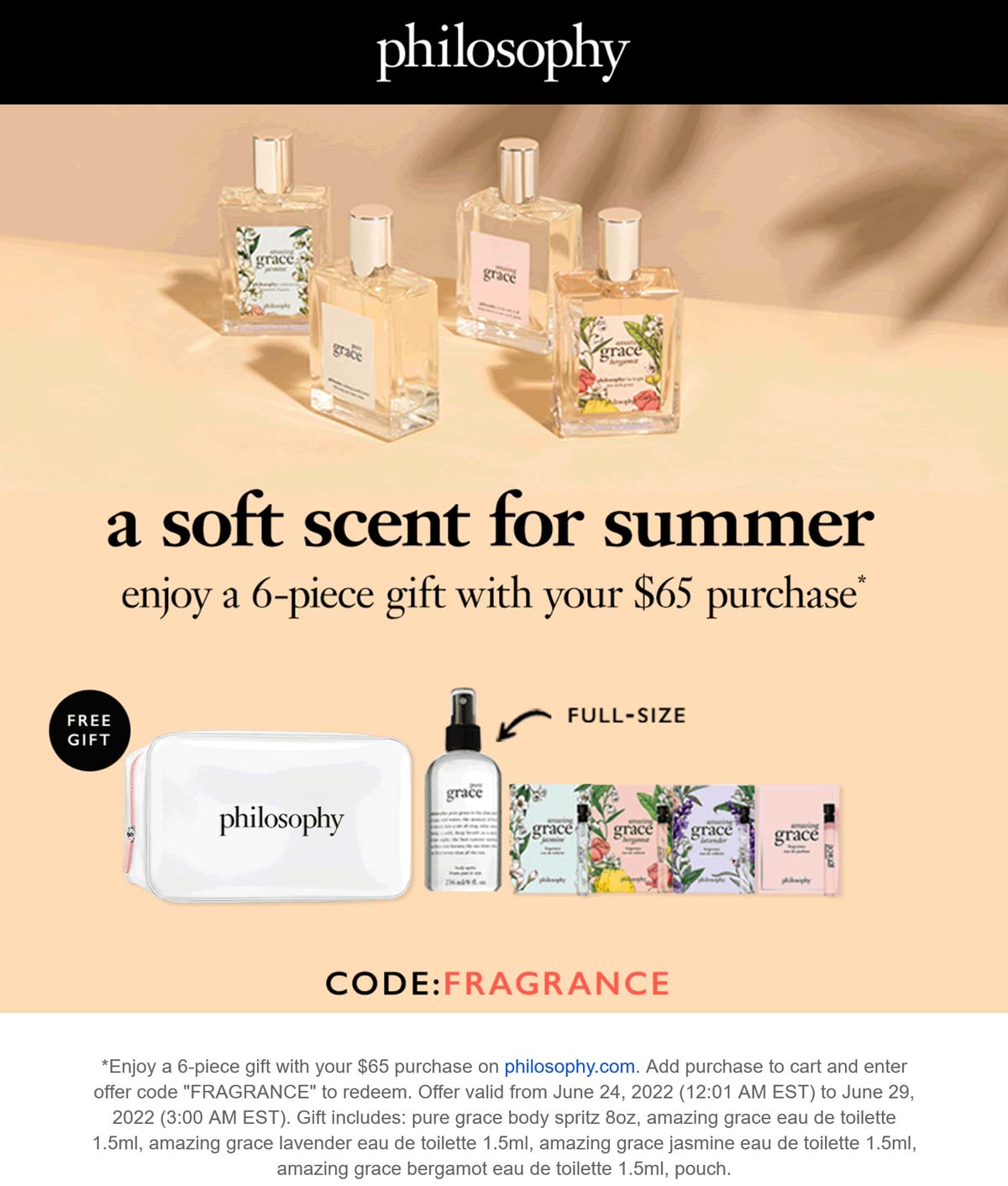Philosophy stores Coupon  Free 6pc set on $60 at Philosophy via promo code FRAGRANCE #philosophy 