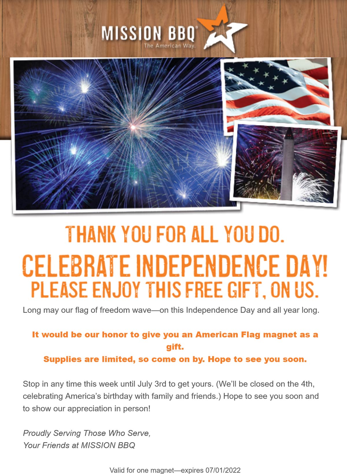 Mission BBQ restaurants Coupon  Free American flag magnet at Mission BBQ restaurants #missionbbq 
