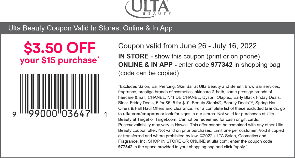 Ulta stores Coupon  $3.50 off $15 at Ulta Beauty, or online via promo code 977342 #ulta 