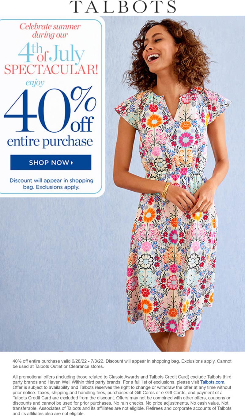 Talbots stores Coupon  40% off everything at Talbots #talbots 