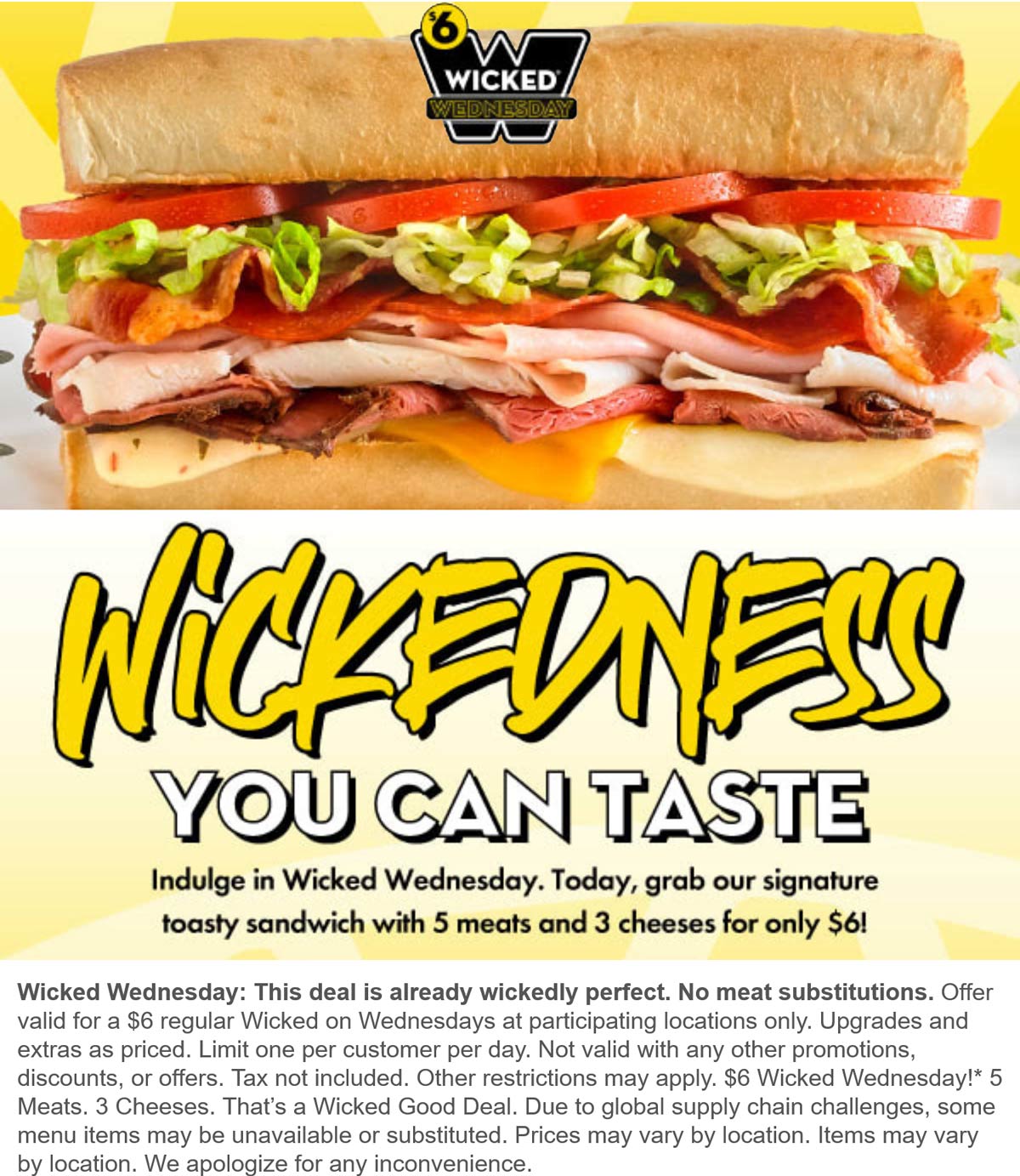 Which Wich restaurants Coupon  5 meats 3 cheese wicked sandwich = $6 today at Which Wich #whichwich 