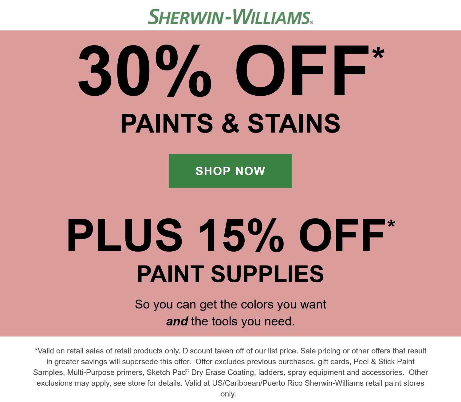 Sherwin Williams stores Coupon  15% off supplies & 30% off paints at Sherwin Williams #sherwinwilliams 