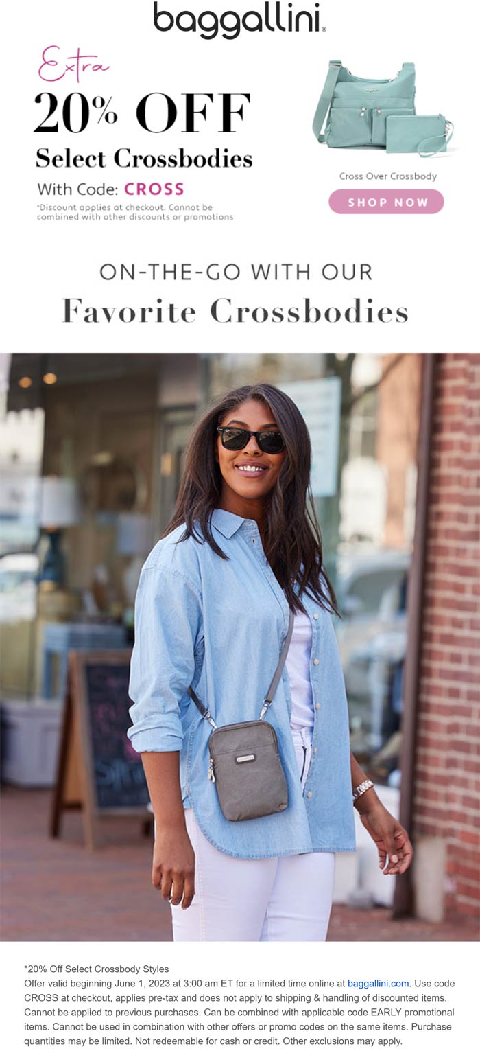 Baggallini stores Coupon  20% off crossbody styles at Baggallini via promo code CROSS #baggallini 