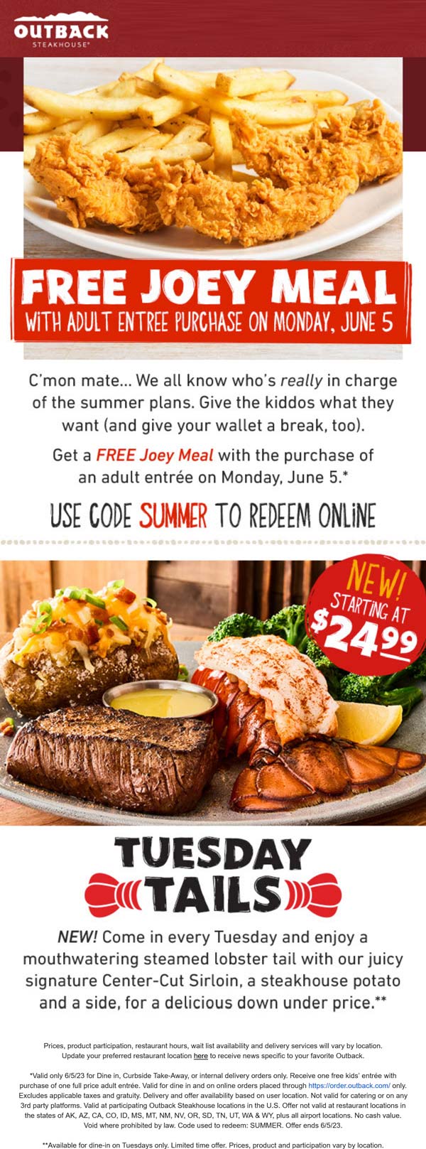 Outback Steakhouse restaurants Coupon  Free kids meal with yours Monday at Outback Steakhouse #outbacksteakhouse 