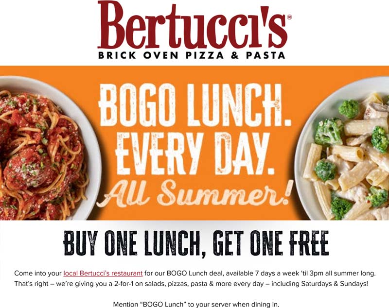 Bertuccis restaurants Coupon  Second lunch free til 3p daily at Bertuccis #bertuccis 