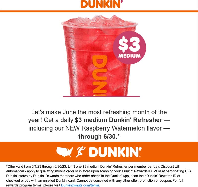 Dunkin restaurants Coupon  $3 medium refresher drink daily via login at Dunkin Donuts #dunkin 
