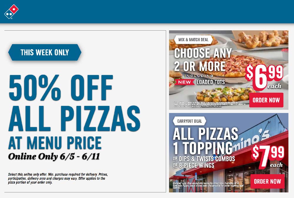 Dominos restaurants Coupon  50% off all pizza at Dominos #dominos 