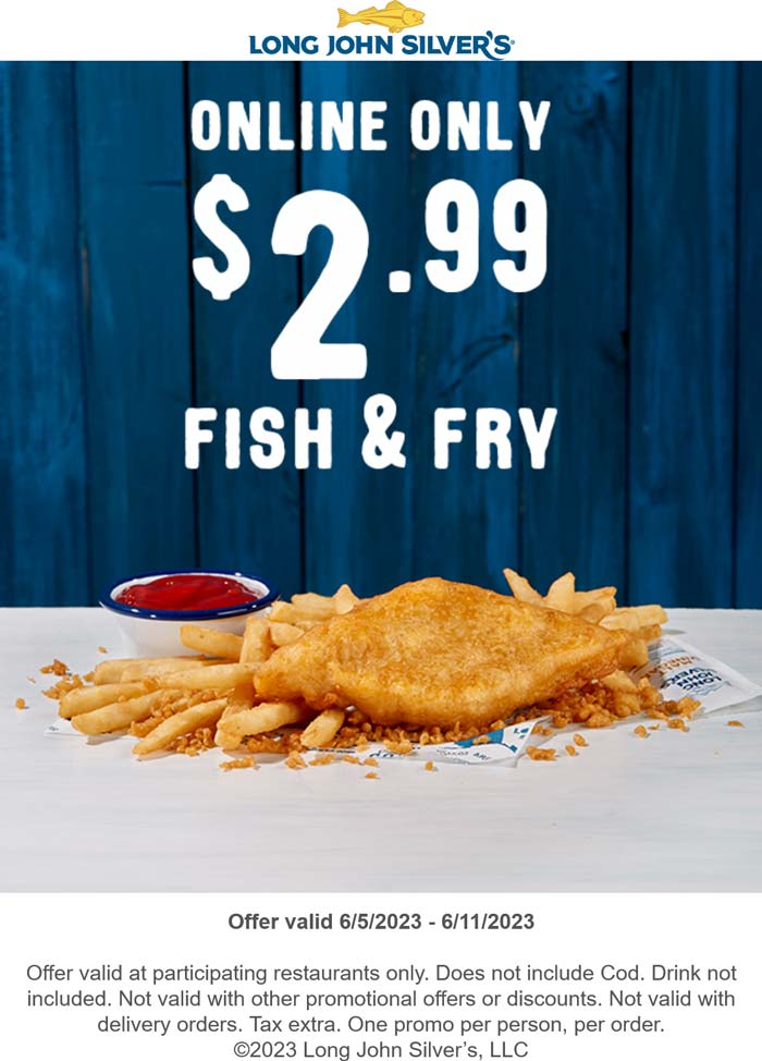 Long John Silvers restaurants Coupon  Fish + fries = $3 online at Long John Silvers #longjohnsilvers 