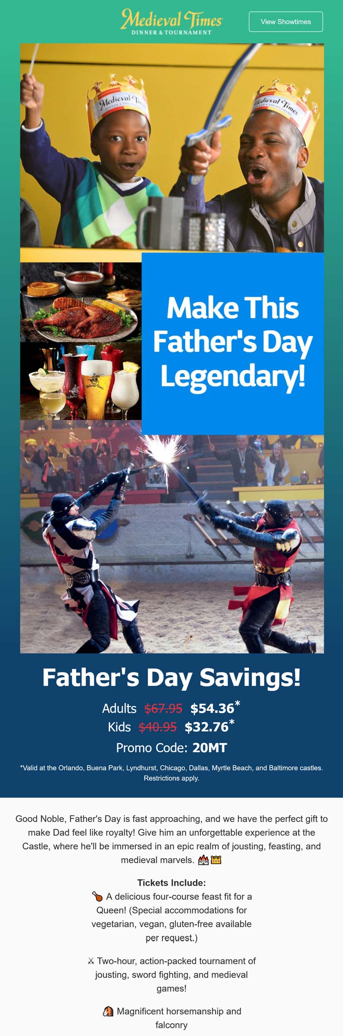 Medieval Times restaurants Coupon  20% off 4-course feast & tournament for fathers day at Medieval Times restaurant and show via promo code 20MT #medievaltimes 