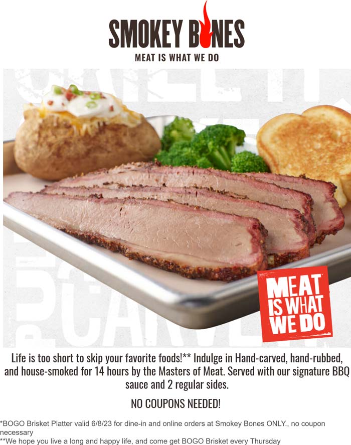 Smokey Bones restaurants Coupon  Second brisket platter free today at Smokey Bones restaurants #smokeybones 
