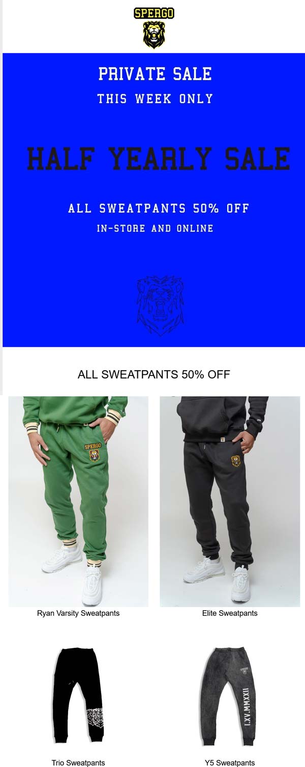 Spergo stores Coupon  50% off all sweatpants today at Spergo #spergo 