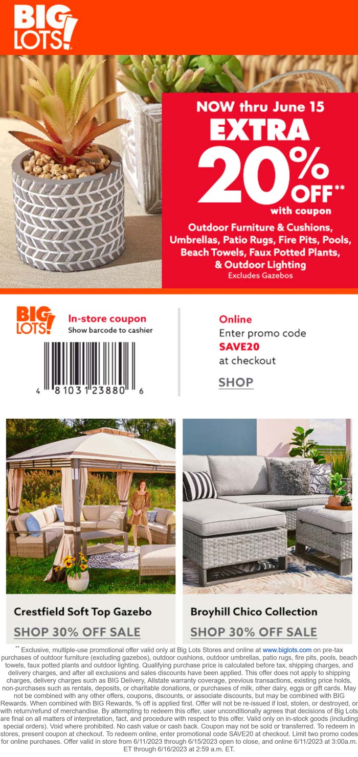 Big Lots stores Coupon  20% off & more on outdoor furniture at Big Lots, or online via promo code SAVE20 #biglots 