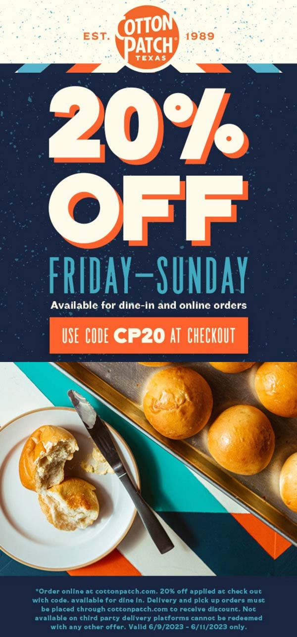Cotton Patch Cafe restaurants Coupon  20% off at Cotton Patch Cafe restaurants via promo code CP20 #cottonpatchcafe 