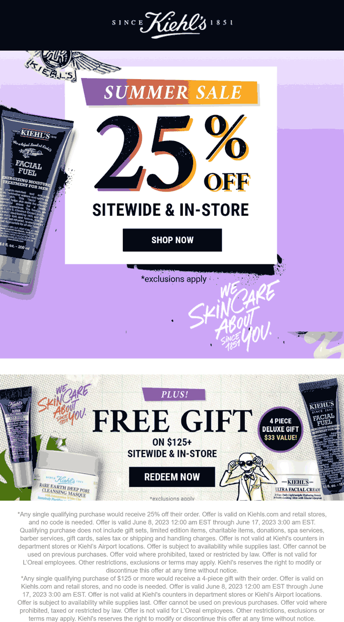 Kiehls stores Coupon  25% off + free 4pc on $125 at Kiehls, ditto online #kiehls 