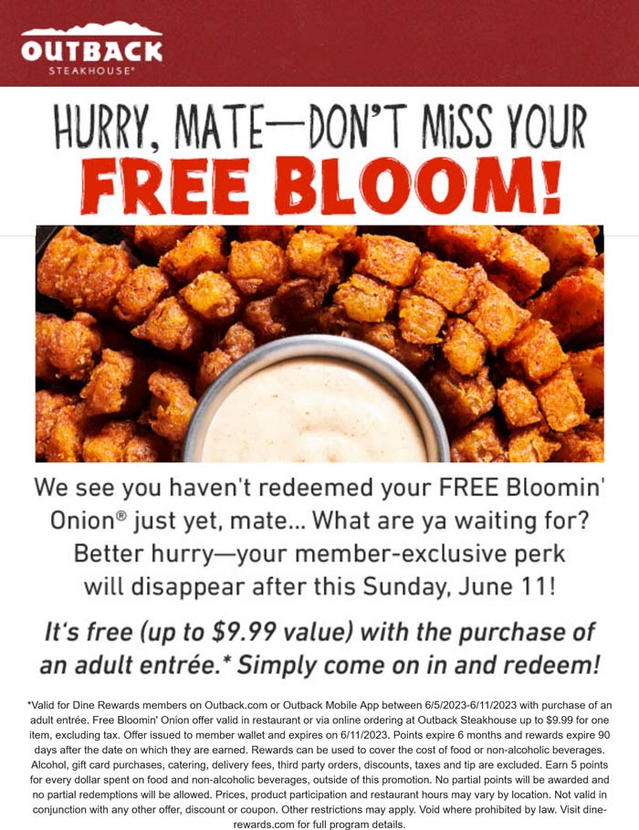 Free Bloomin Onion With Your Entree Via Login At Outback Steakhouse 