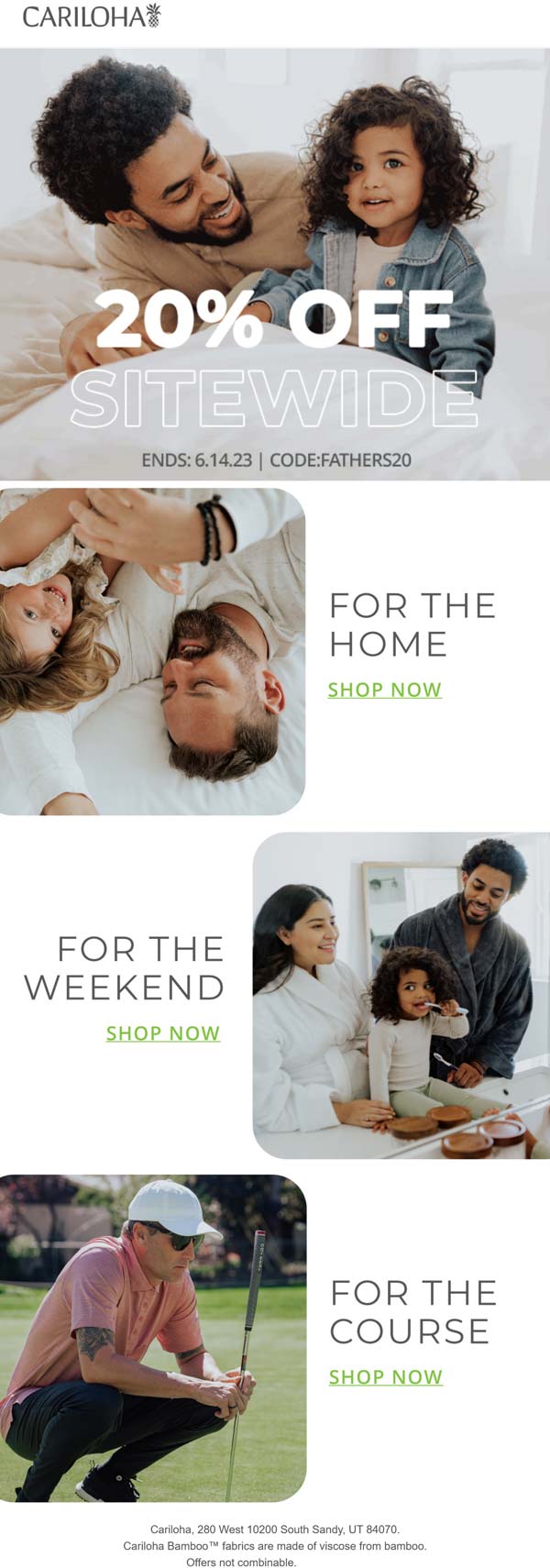 Cariloha stores Coupon  20% off everything online at Cariloha via promo code FATHERS20 #cariloha 
