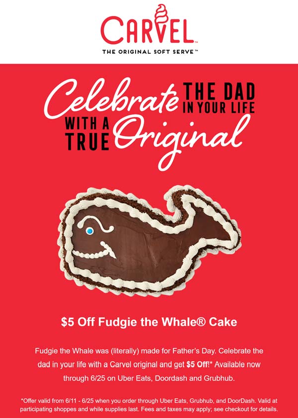 Carvel restaurants Coupon  $5 off fudgie whale ice cream cake via delivery at Carvel #carvel 