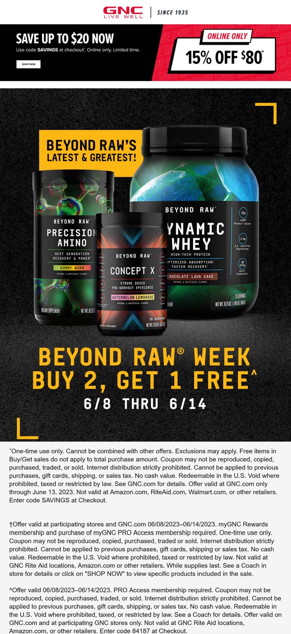 GNC stores Coupon  15% off $80 & more today at GNC via promo code SAVINGS #gnc 