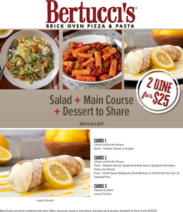 Bertuccis restaurants Coupon  2 entrees + salad + dessert = $25 at Bertuccis #bertuccis 