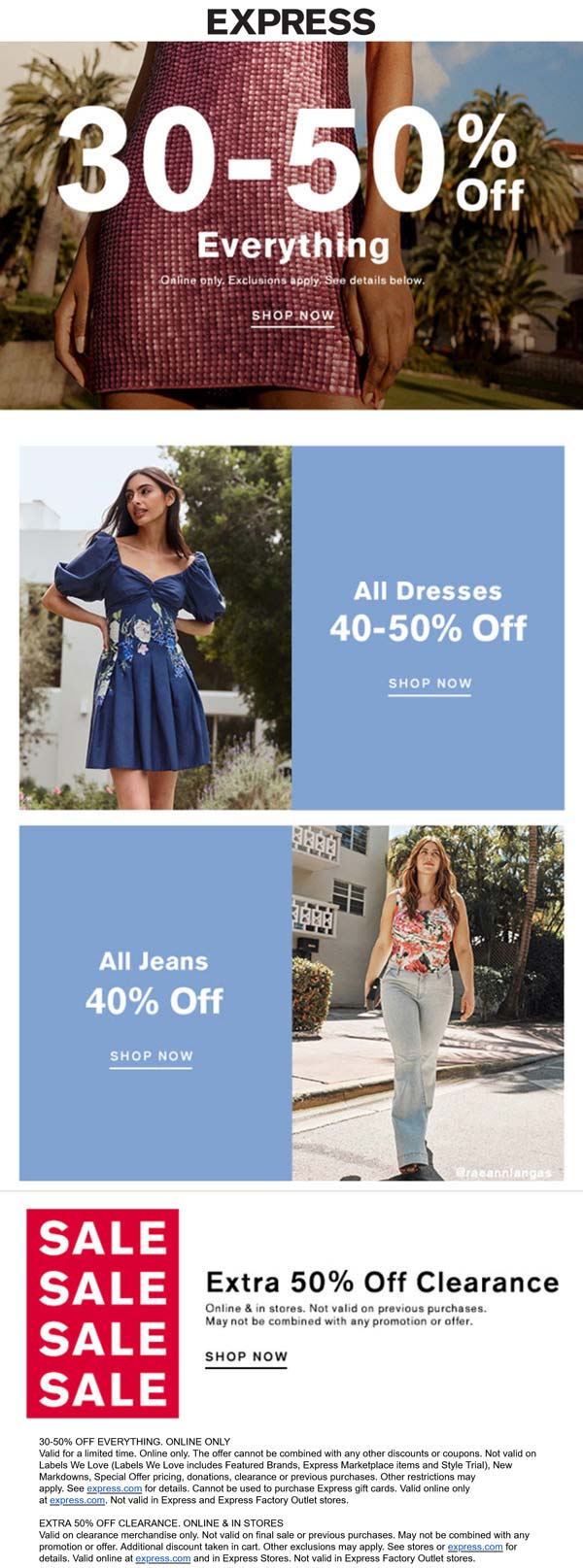Express stores Coupon  30-50% off everything online at Express #express 