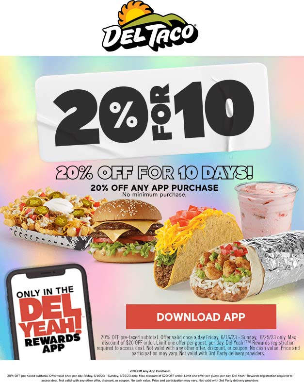 Del Taco restaurants Coupon  20% off mobile orders at Del Taco #deltaco 
