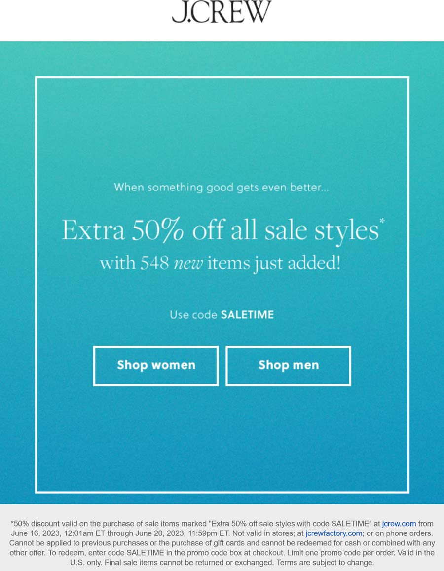 J.Crew stores Coupon  Extra 50% off sale styles at J.Crew via promo code SALETIME #jcrew 