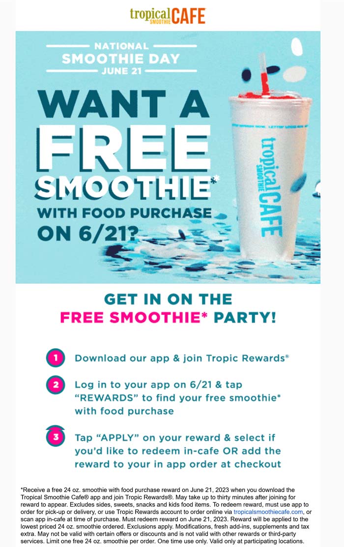 Tropical Smoothie Cafe restaurants Coupon  Free smoothie with your food purchase online Wednesday at Tropical Smoothie Cafe #tropicalsmoothiecafe 