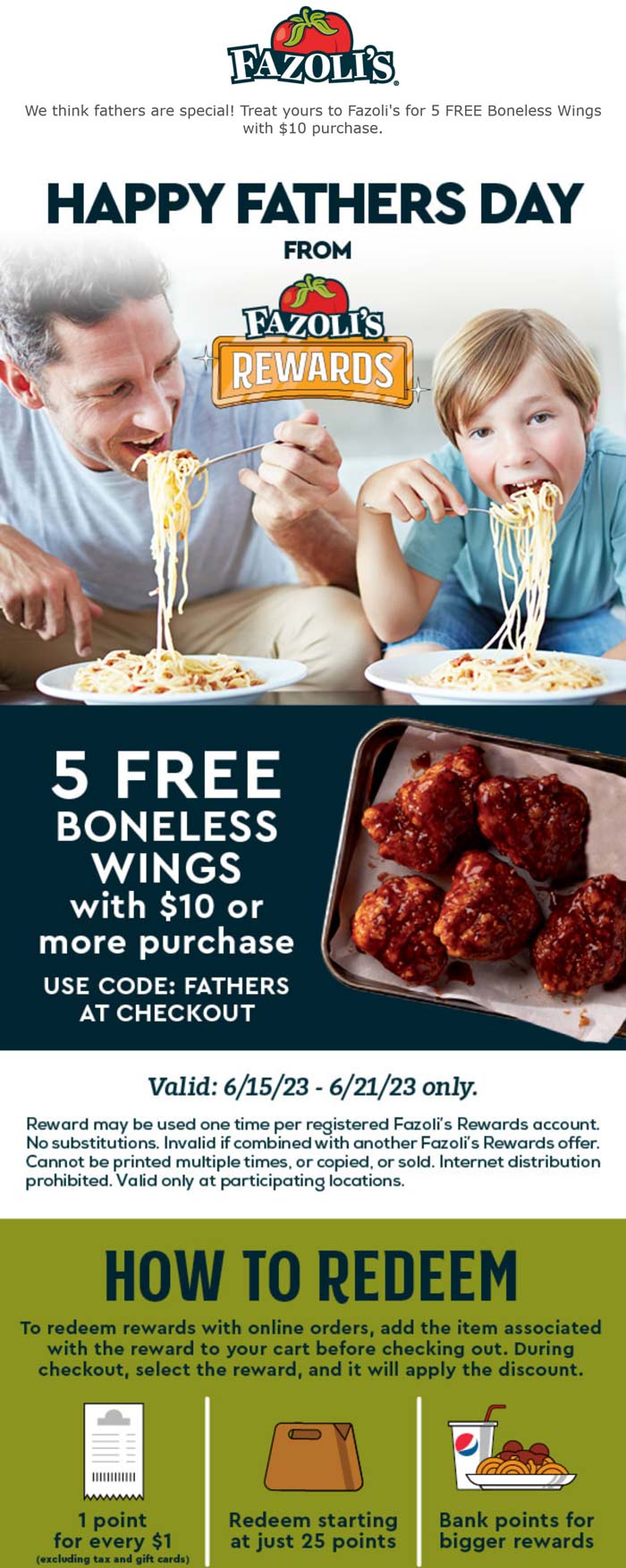 Fazolis restaurants Coupon  5 free boneless wings on $10 at Fazolis restaurant via promo code FATHERS #fazolis 