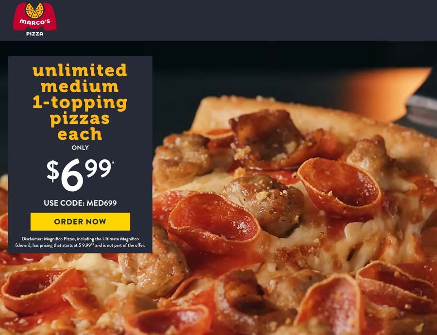 Marcos restaurants Coupon  1-topping medium pizzas = $7 at Marcos via promo code MED699 #marcos 