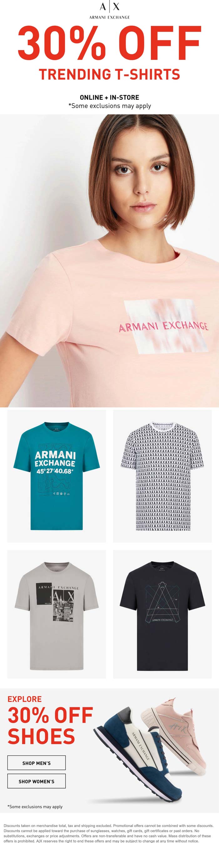 Armani Exchange stores Coupon  30% off shoes & trending t-shirts at Armani Exchange, ditto online #armaniexchange 