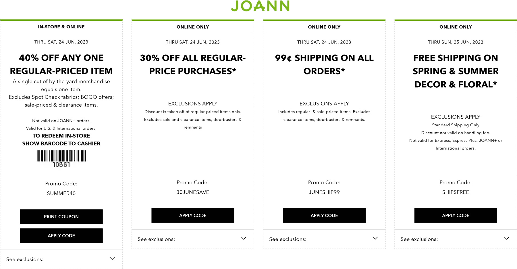 Joann stores Coupon  40% off a single item at Joann, or online via promo code SUMMER40 #joann 
