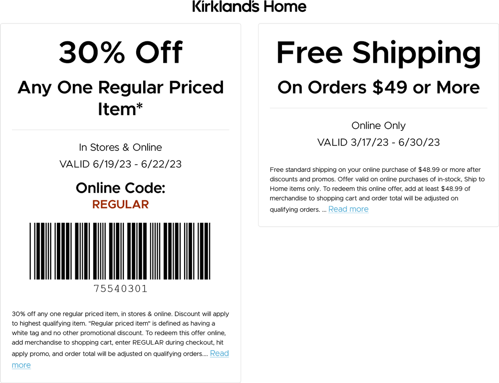 Kirklands stores Coupon  30% off a single item at Kirklands, or online via promo code REGULAR #kirklands 