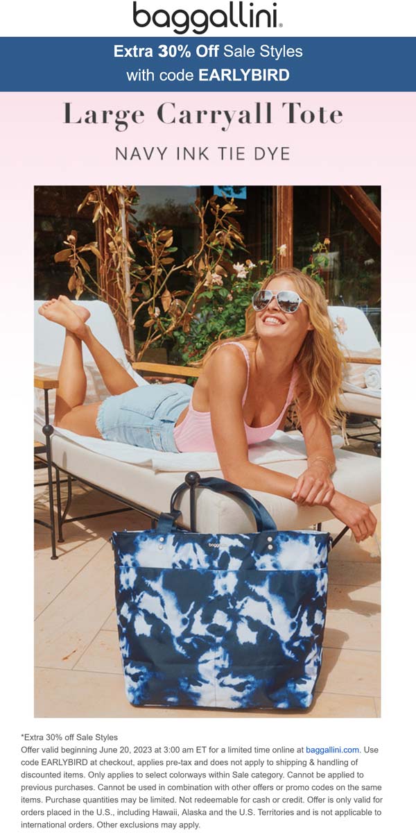 Baggallini stores Coupon  Extra 30% off sale styles at Baggallini via promo code EARLYBIRD #baggallini 