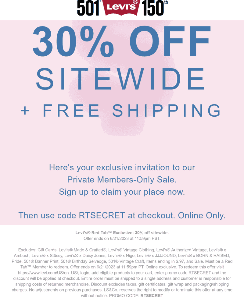Levis stores Coupon  30% off online at Levis via promo code RTSECRET #levis 