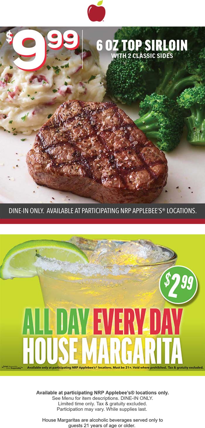 Applebees restaurants Coupon  Sirloin steak + 2 sides = $10 today at Applebees #applebees 
