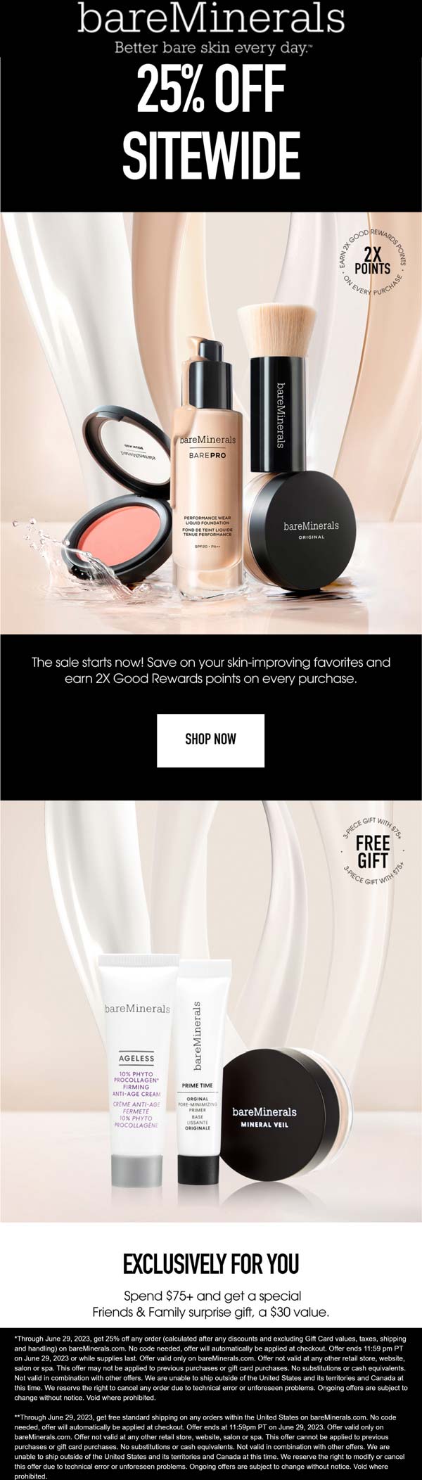 bareMinerals stores Coupon  25% off everything + free gift on $75 online at bareMinerals #bareminerals 