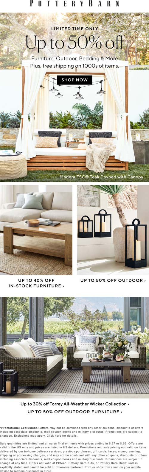 Pottery Barn stores Coupon  Various furniture, outdoor & bedding is 50% off at Pottery Barn #potterybarn 