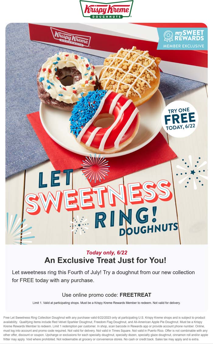 Krispy Kreme restaurants Coupon  Free doughnut with any order today at Krispy Kreme #krispykreme 