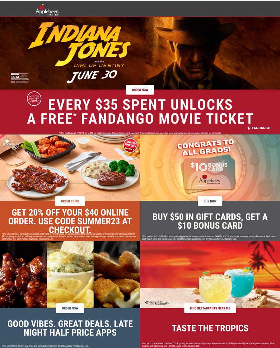 Applebees restaurants Coupon  Free movie ticket on every $35 at Applebees restaurants #applebees 