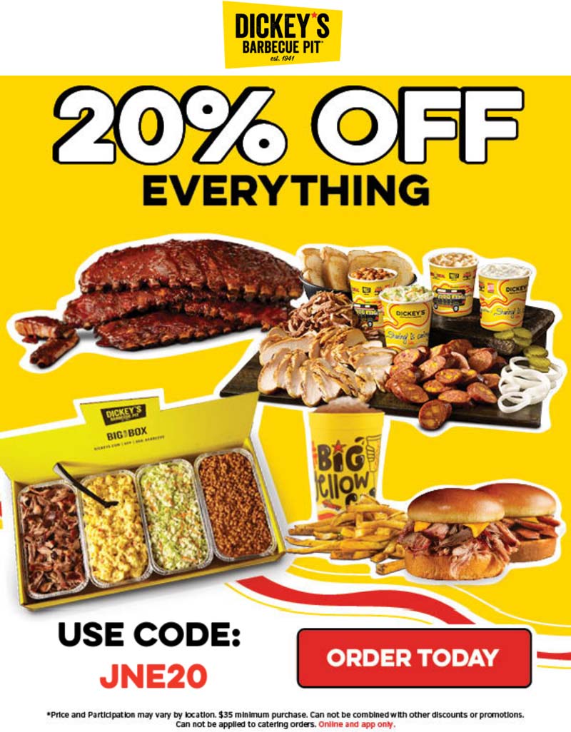 Dickeys Barbecue Pit stores Coupon  20% off everything at Dickeys Barbecue Pit via promo code JNE20 #dickeysbarbecuepit 